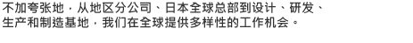 不加夸张地，从地区分公司、日本全球总部到设计、研发、生产和制造基地，我们在全球提供多样性的工作机会。